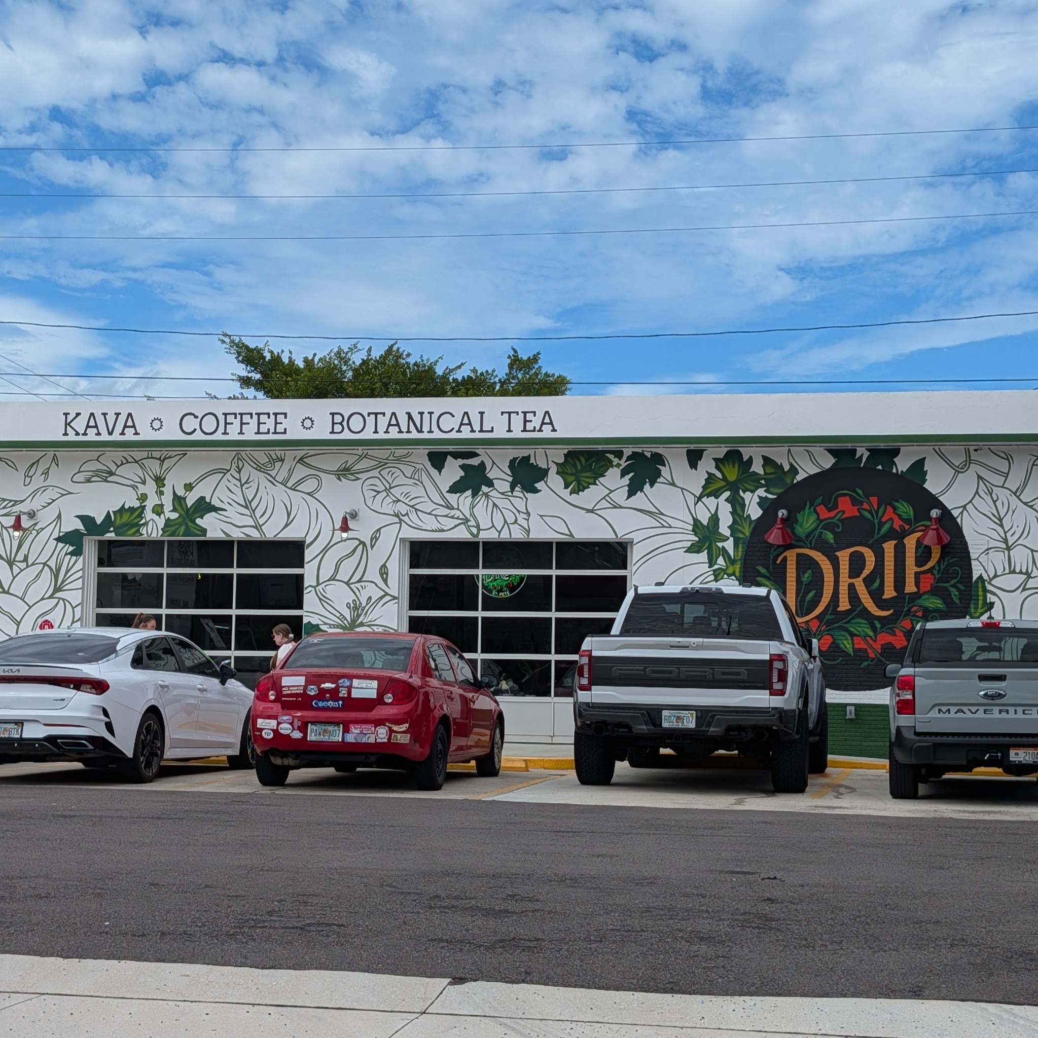 Cars parked outside DRIP, with a botanical mural and signs for kava, coffee and botanical tea.