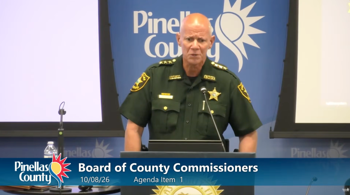 Pinellas County Sheriff Bob Gualtieri speaks at the Oct. 8, 2026, county commission workshop.